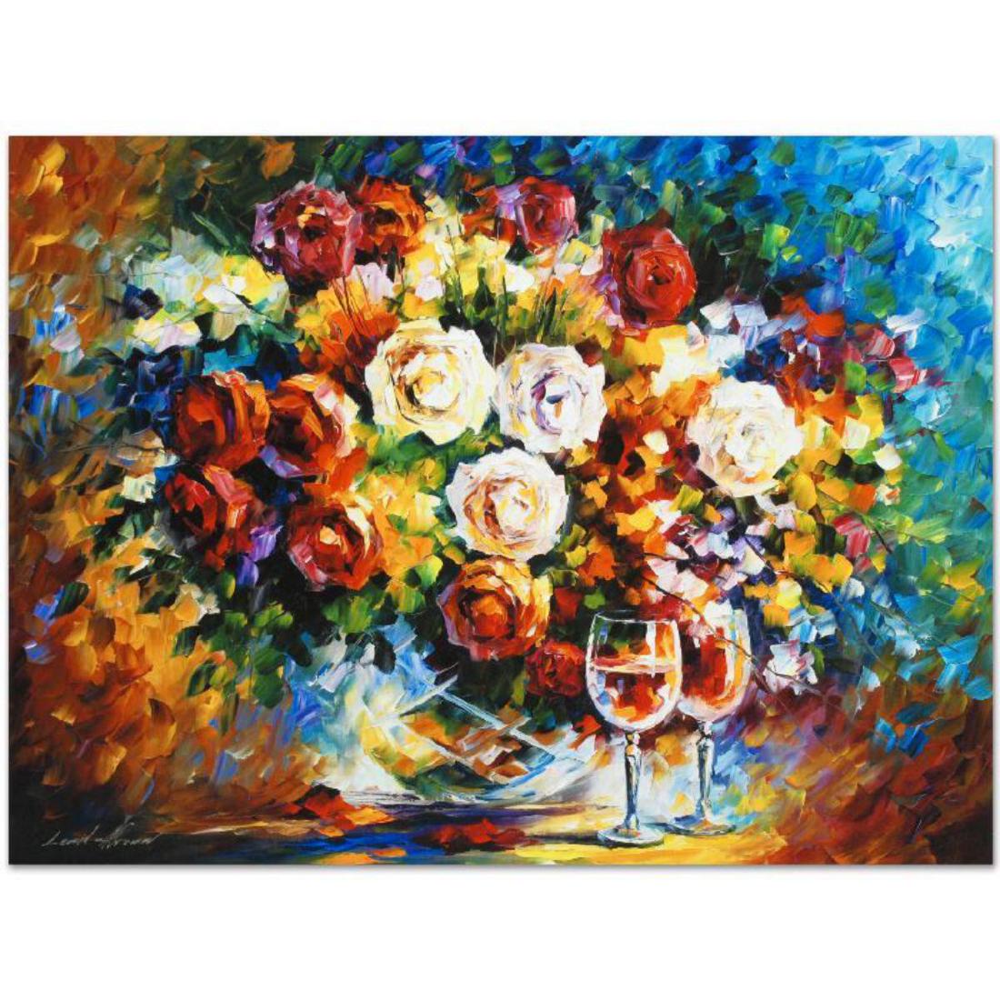 Leonid Afremov "Roses and Wine" Limited Edition Giclee: Leonid Afremov's masterful use of color and texture make his paintings unique collectibles that are sure to brighten any wall. "Roses and Wine" is a limited edition giclee on canvas. The piece is numb