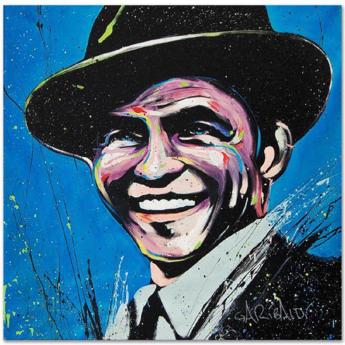 "Frank Sinatra (Blue Eyes)" Limited Edition Giclee on: Combining his passions for music and art, David Garibaldi creates stunning visual poetry. "Frank Sinatra (Blue Eyes)" is a limited edition giclee on stretched canvas, numbered and bearing the artist's