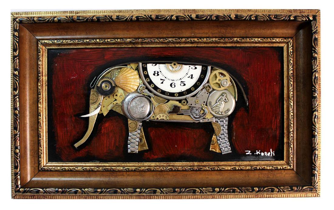 Zaza Koreli- Original Collage on Wood Panel "Elephant": Artist: Zaza Koreli. Medium: Original Collage on Wood Panel. Title: Elephant. Size (Unframed): 7" x 15". Size (Framed): 12" x 20". Certificate of Authenticity: From the publisher. Reference# 10099.
