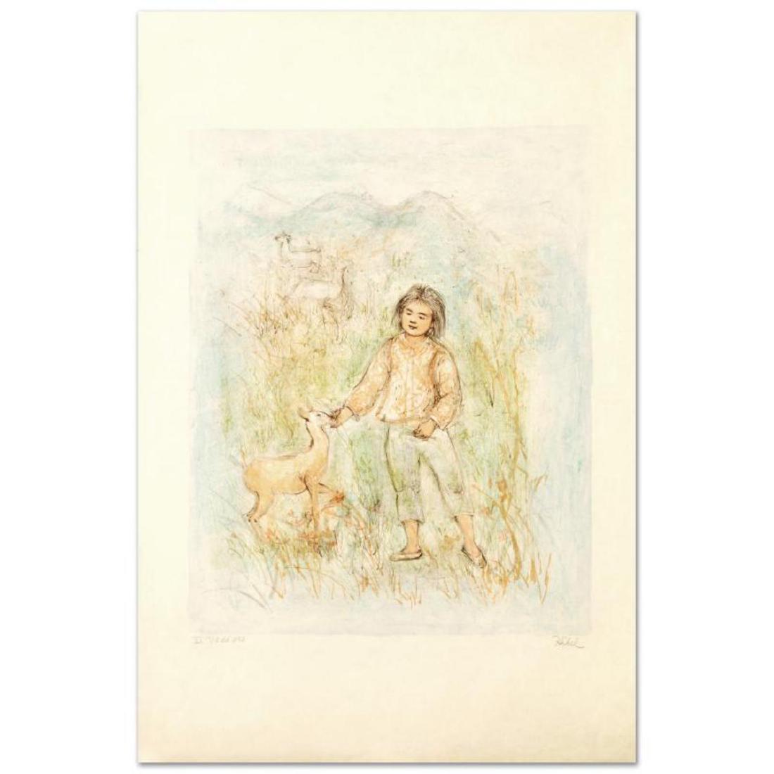 "The Forest Friend" Limited Edition Lithograph by Edna: "The Forest Friend" is a limited edition lithograph on rice paper, numbered and hand signed by Edna Hibel (1917-2014). Includes Certificate of Authenticity! Measures approx. 20" x 30" (with border), 1