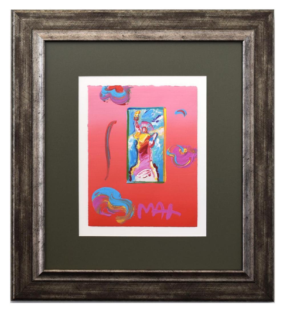 Peter Max- Original Mixed Media "Statue of Liberty": Artist: Peter Max. Medium: Original Mixed Media. Title: Statue of Liberty. Size (Unframed): 11" x 8.5". Size (Framed): 23" x 22". Certificate of Authenticity: Is included. Reference# 11286.