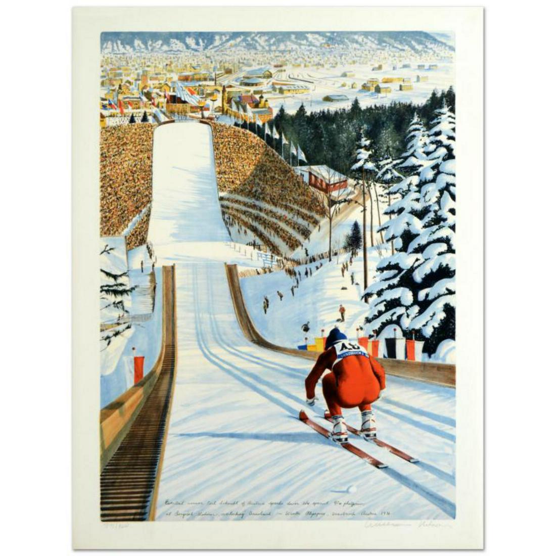 William Nelson, "90-Meter Ski Jump" Limited Edition: "90-Meter Ski Jump" is a limited edition serigraph on paper by William Nelson, numbered and hand signed by the artist! Measures approx. 22" x 29" (with border); 19" x 26" (image). Reference #: 216119.