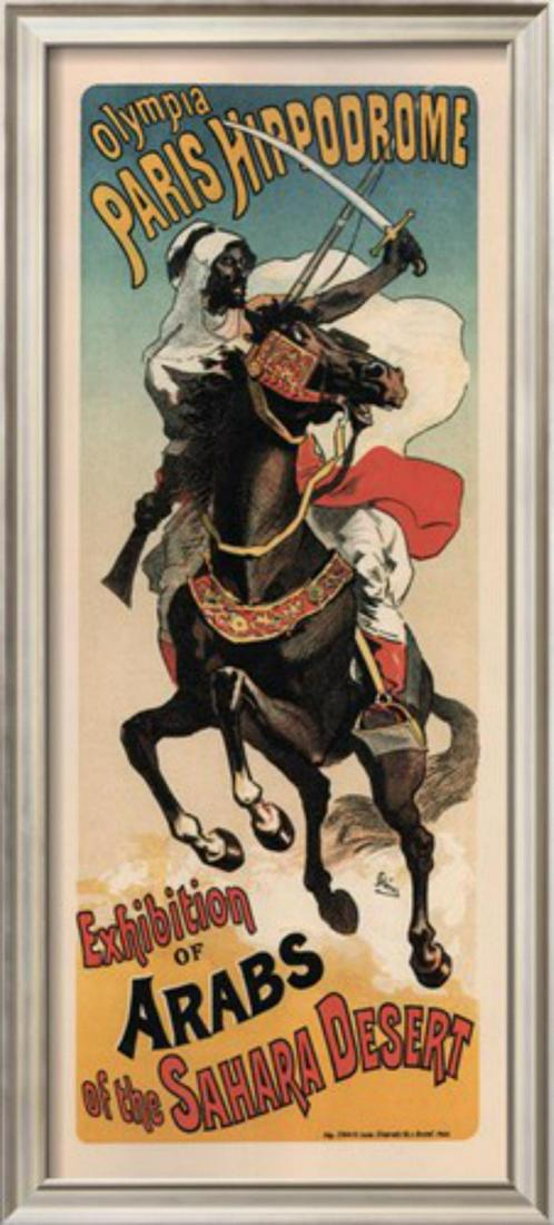 Theophile Alexandre Steinlen "Olympia Paris Hippodrome:: Artist: Theophile Alexandre Steinlen. Title: "Olympia Paris Hippodrome: Exhibition of Arabs". Style: Vintage. Medium: Offset Lithograph. Custom Framed. Frame Size: 14.5x32".