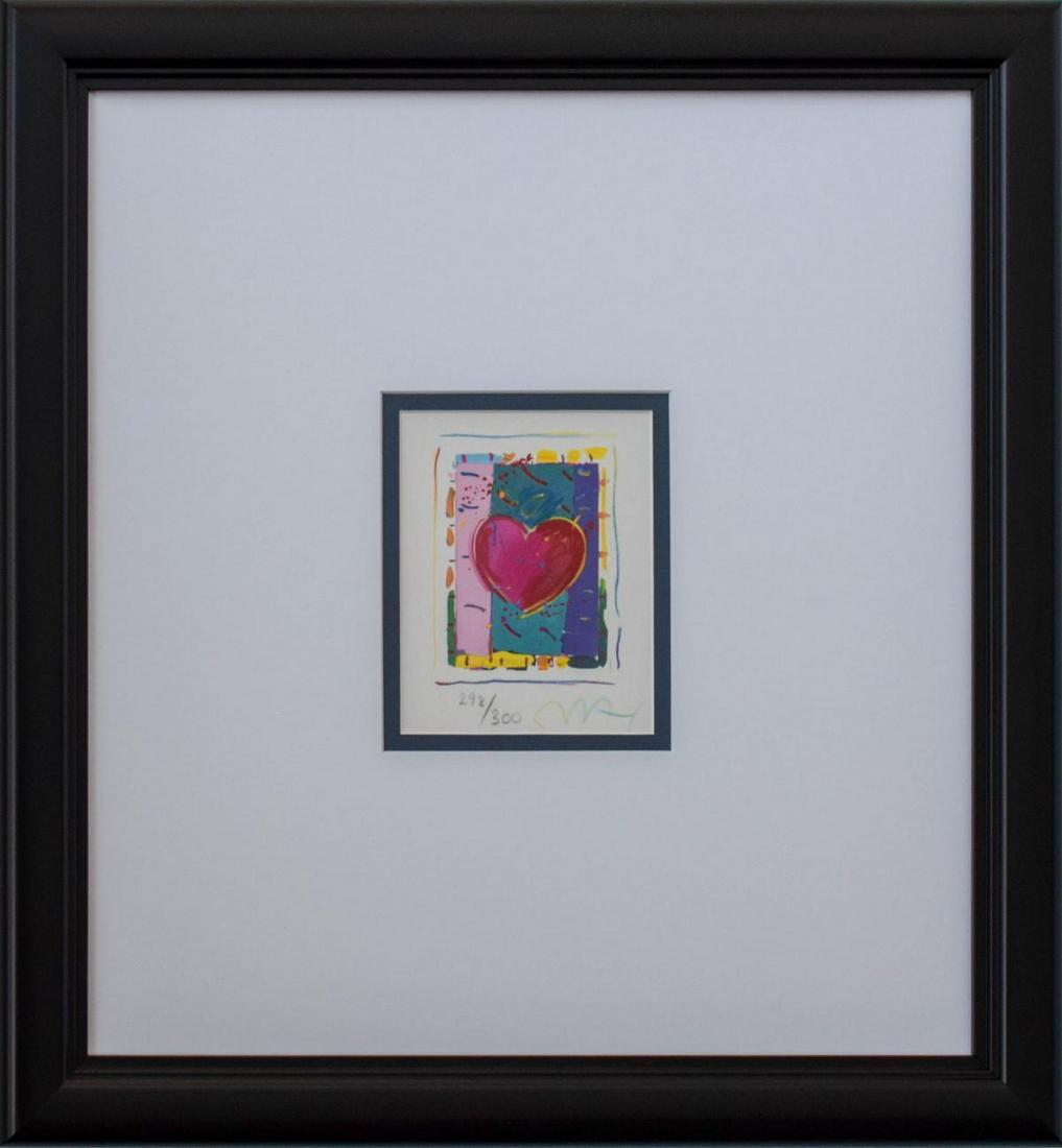 Peter Max- Original Lithograph "Heart Series IV": Artist: Peter Max. Medium: Original Lithograph. Title: Heart Series IV. Size (Unframed): 6" x 5". Size (Framed): 17" x 16". Limited Edition: Numbered 298/300. Certificate of Authenticity: From Max Stu