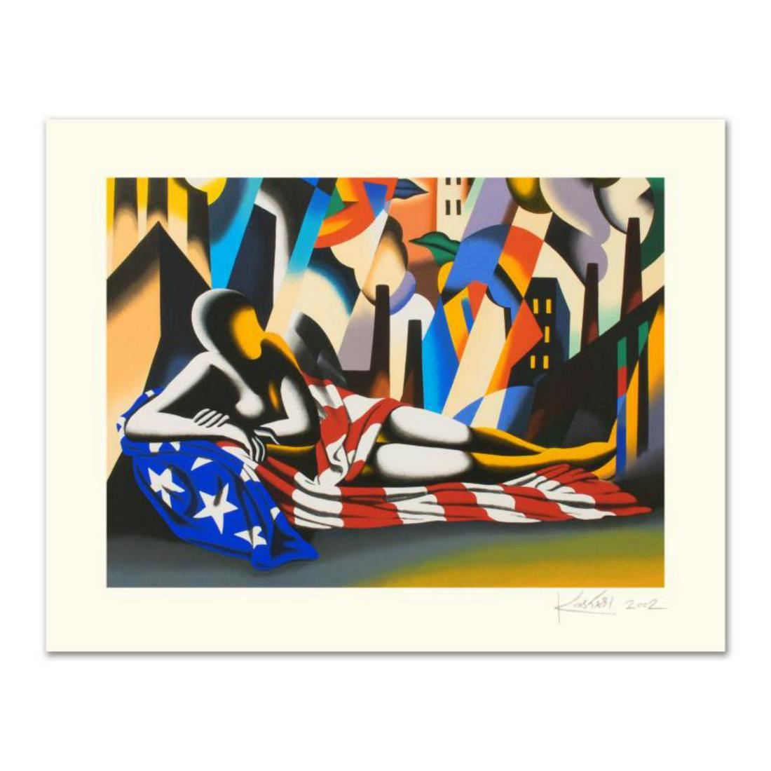 Mark Kostabi, "America" Limited Edition Serigraph,: "America" is a limited edition serigraph on paper, numbered and hand signed by Kostabi. Includes Certificate of Authenticity! Measures approx. 35.5" x 27.5" (with border), 29.5" x 21.5" (image). Refer