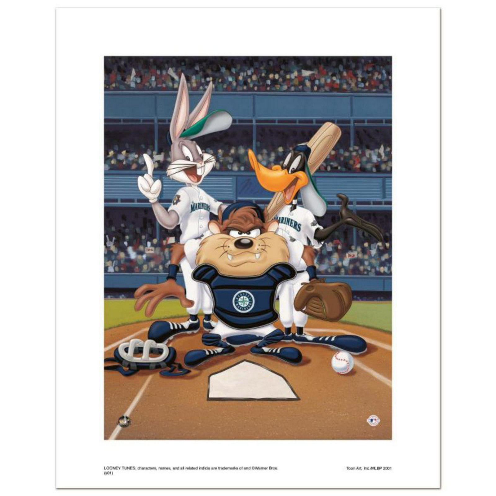"At the Plate (Mariners)" Numbered Limited Edition: "At the Plate (Mariners)" is a limited edition giclee on paper from Warner Bros. featuring iconic Looney Tunes characters in Seattle Mariners MLB uniforms. It comes numbered, with hologram seal, and a