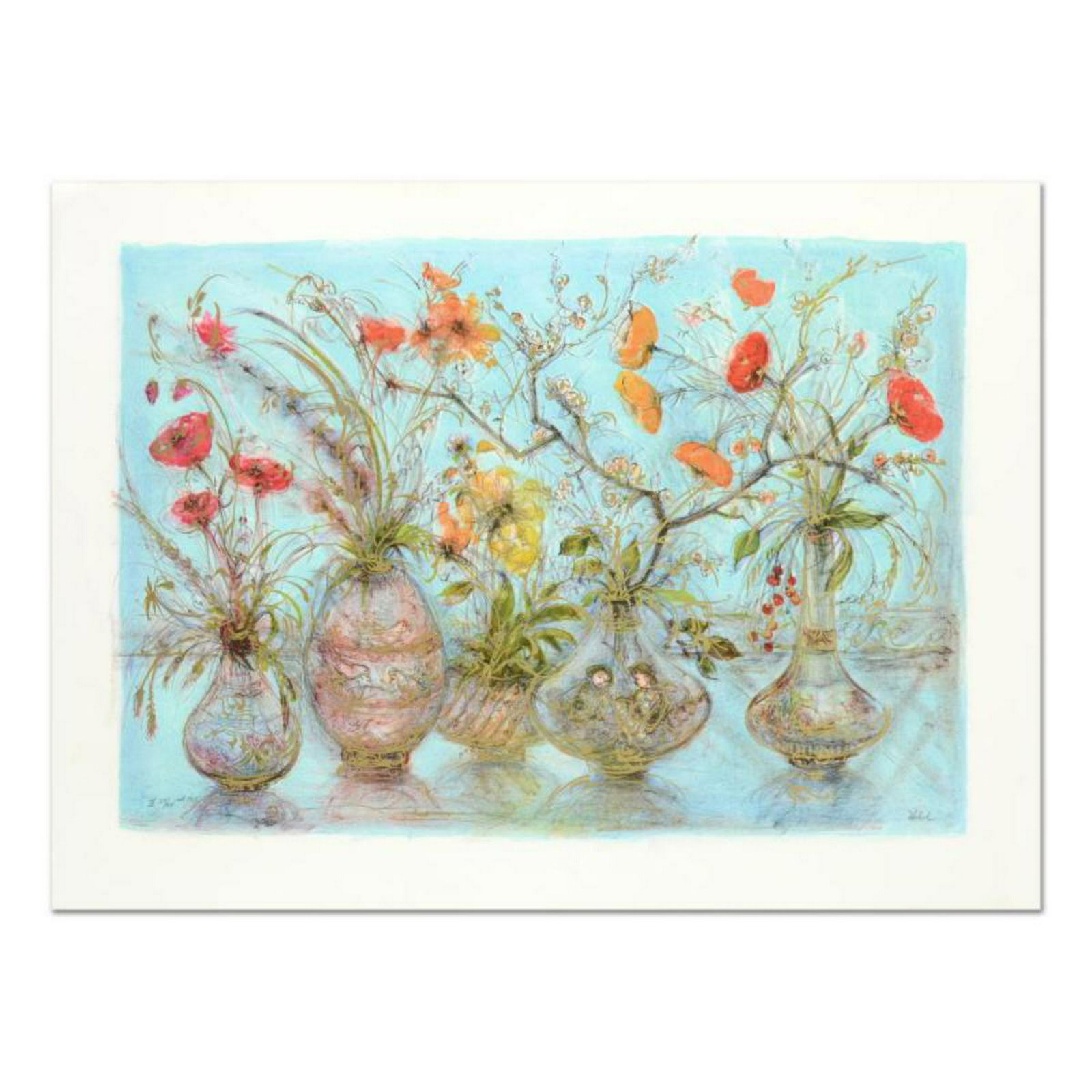 Edna Hibel (1917-2014), "Freedom Flowers" Limited: "Freedom Flowers" is a limited edition lithograph on paper by Edna Hibel (1917-2014), hand signed by the artist. Includes Certificate of Authenticity. Measures approx. 37" x 26.5" (border), 31" x 21" 