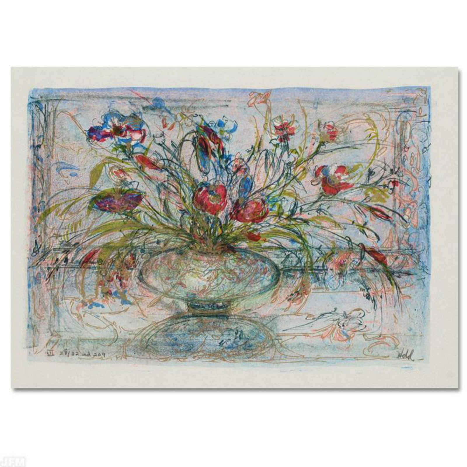 "Floral Mystic" Limited Edition Lithograph by Edna: Wild lines and muted colors make Edna Hibel's art stand out in any room. "Floral Mystic" is a limited edition lithograph on paper, numbered and hand signed by Hibel. Includes Certificate of Authentici