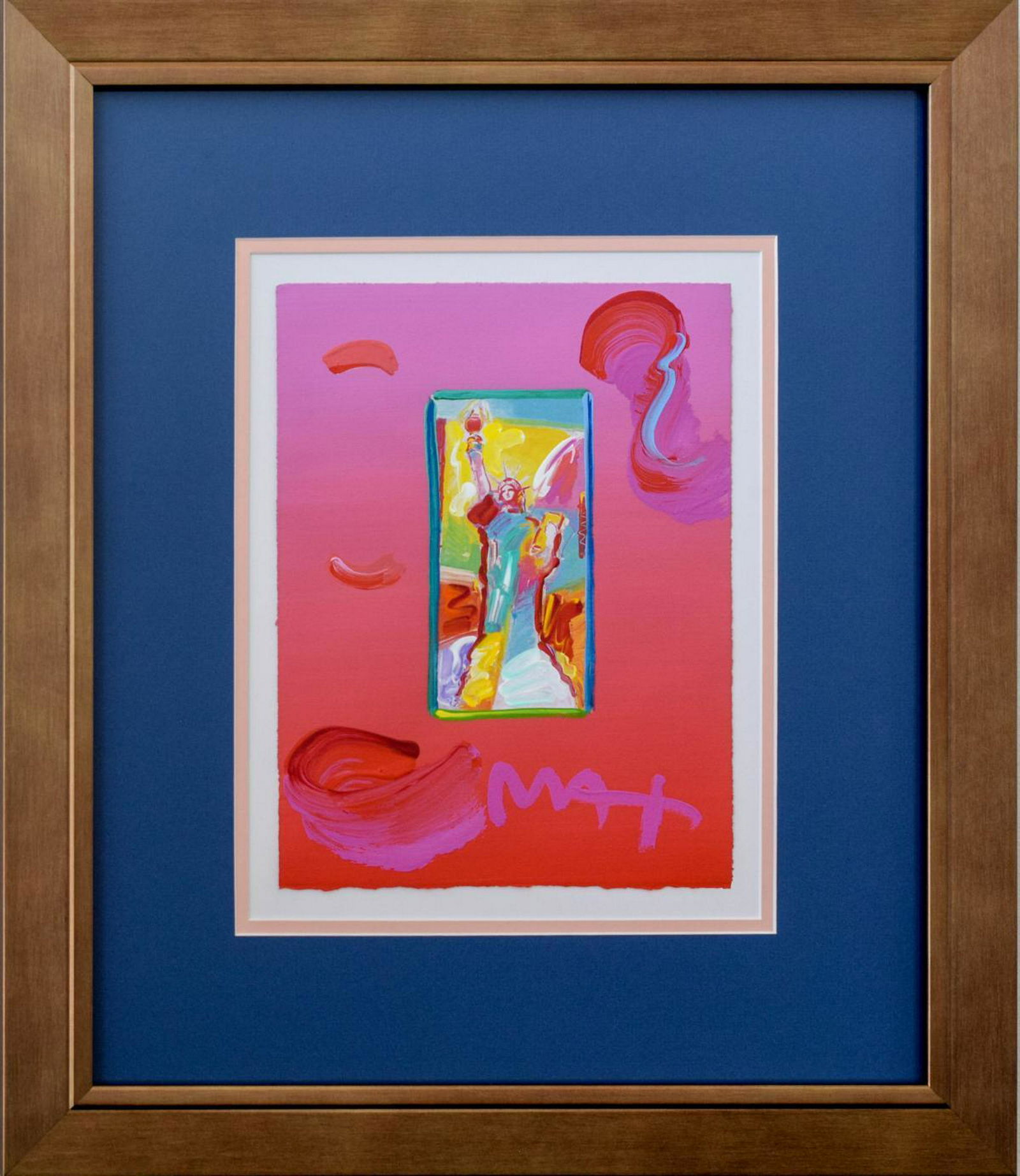 Peter Max- Original Mixed Media "Statue of Liberty Ver.: Artist: Peter Max. Medium: Original Mixed Media. Title: Statue of Liberty Ver. I #105. Size (Unframed): 11" x 8.5". Size (Framed): 21.5" x 19". Certificate of Authenticity: From Max Studios. Catalogue