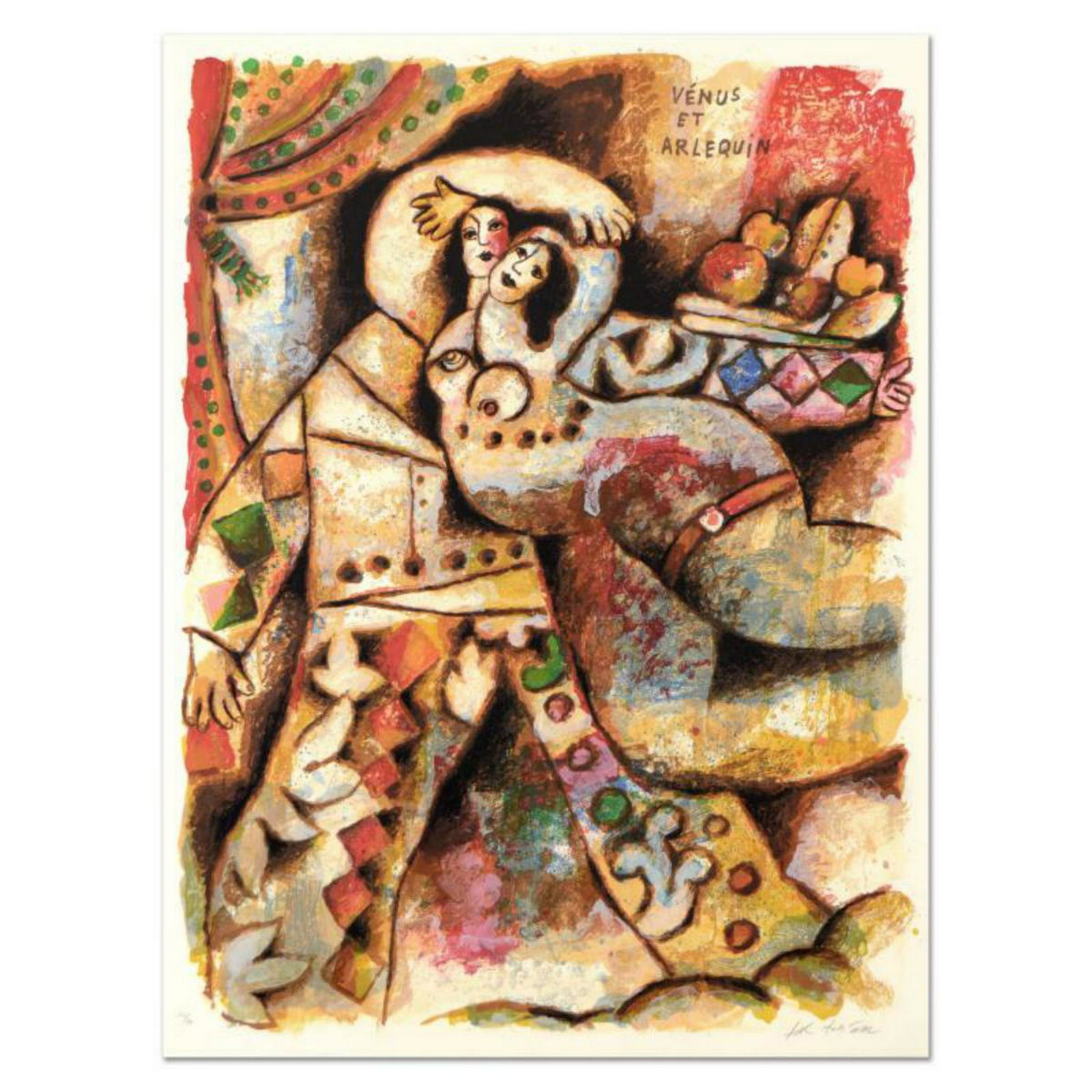 Theo Tobiasse (1927-2012), "Venus Et Arlequin" Limited: "Venus Et Arlequin" is a limited edition lithograph on paper by Theo Tobiasse (1927-2012), numbered and hand signed by the artist. Includes Letter of Authenticity. Measures approx. 23.5" x 31.5" (bord