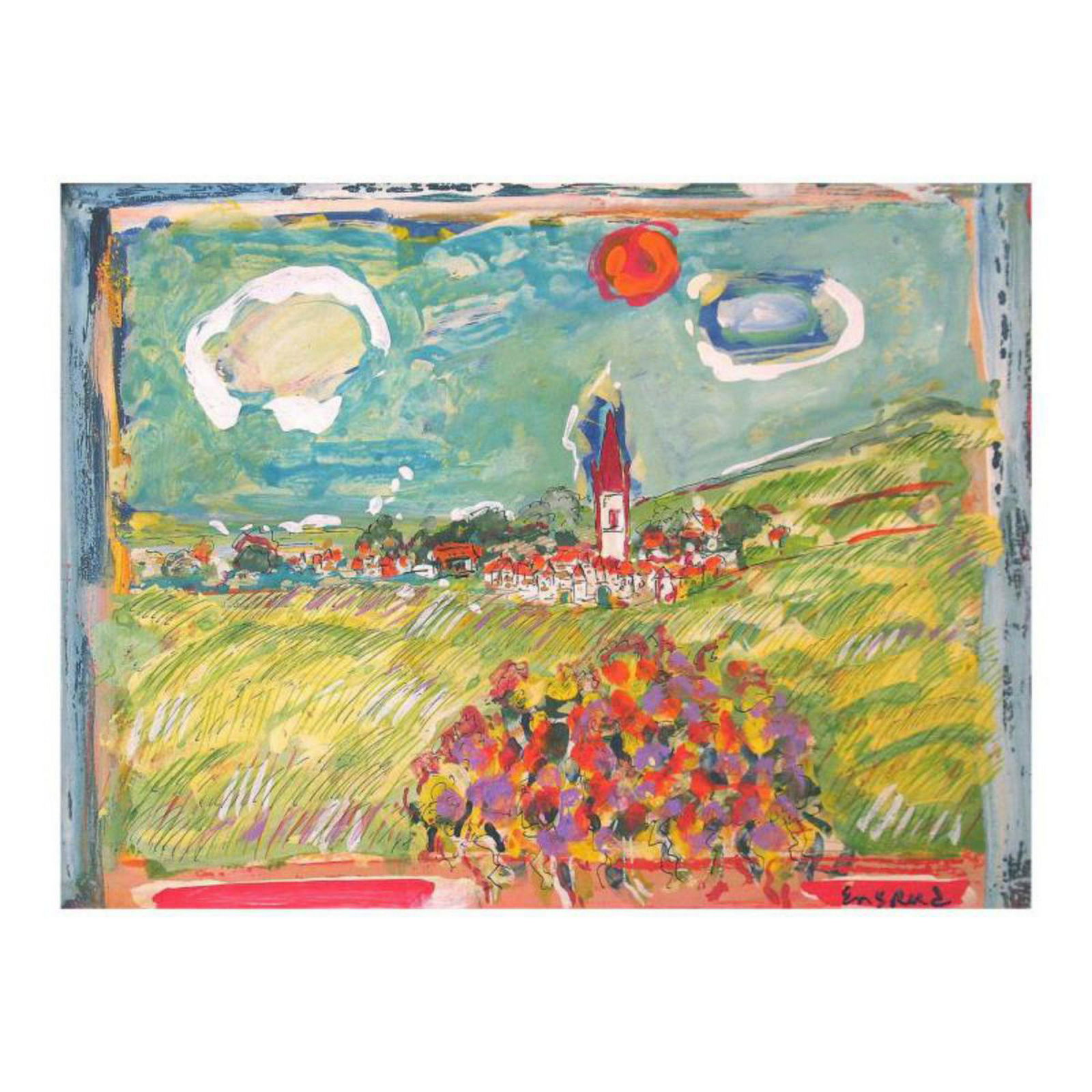 Wayne Ensrud "View of Puligny-Montrachet, Burgundy": "View of Puligny-Montrachet, Burgundy" is an original Mixed Media on Board by Wayne Ensrud. The piece is hand signed by the artist and comes with a Certificate of Authenticity. Measures approximately