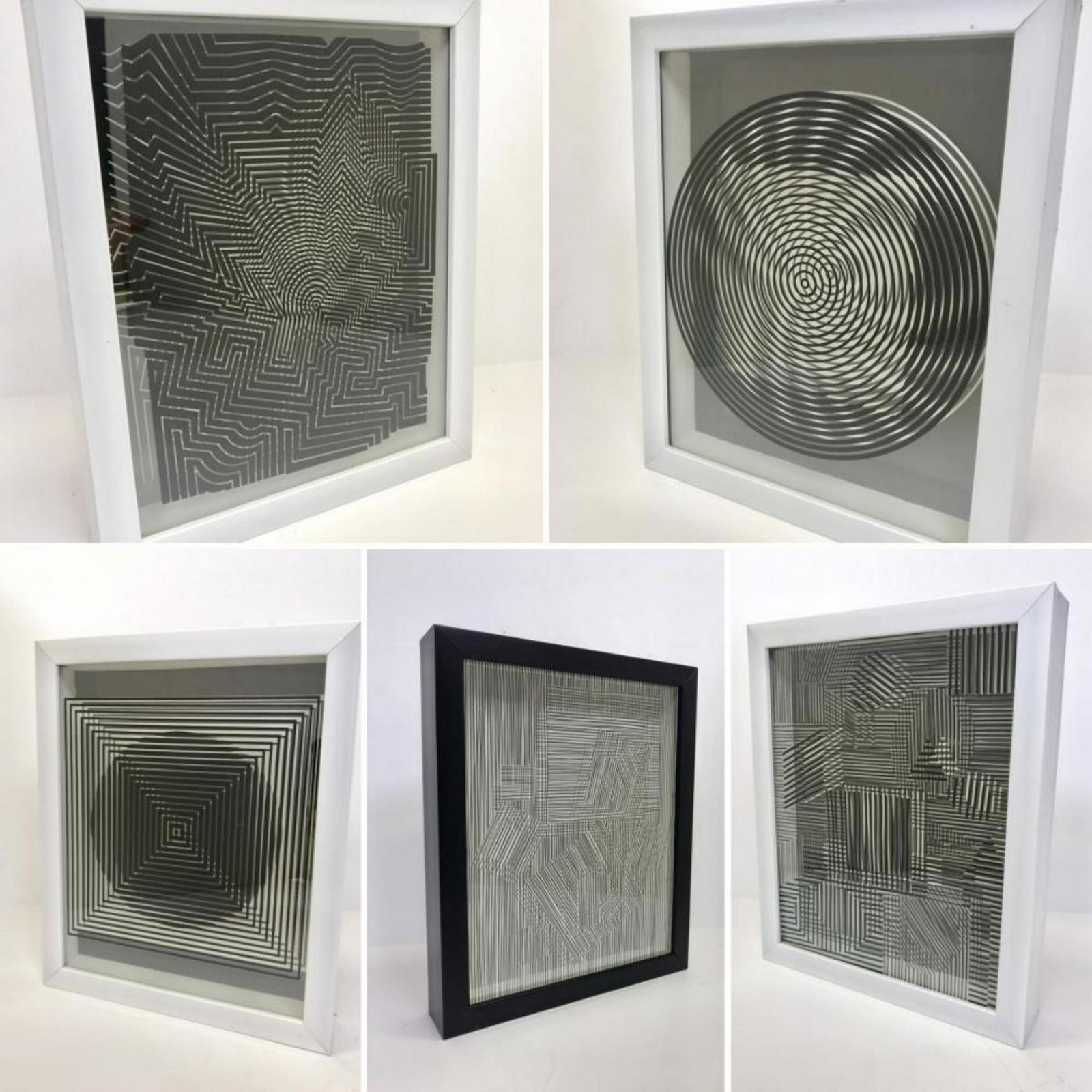 Victor Vasarely 3D Wall Sculpture/object - Set of 5: Victor Vasarely 3D Wall Sculpture/object - Set of 5. Measures 11x13x2 inches Each. 2 layers- Top layer printed on clear Lucite , bottom print on paper. From the portfolio Vasarely Cinetiques. Publishe