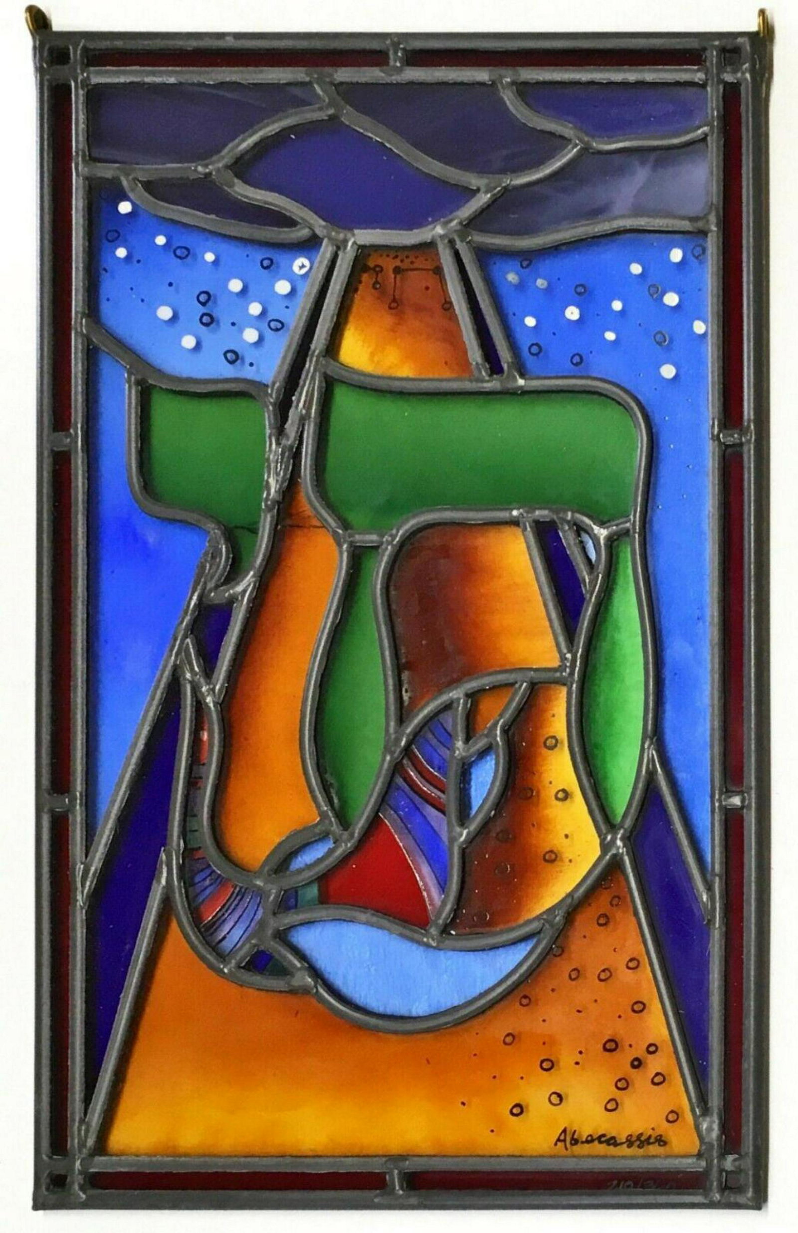 RAPHAEL ABECASSIS "CHAI - TO LIFE" ORIGINAL STAINED: ARTIST: RAPHAEL ABECASSIS. TITLE: CHAI - TO LIFE. MEDIUM: ORIGINAL STAINED GLASS WINDOW. SIZE: 9" X 15" INCHES (FRAMED). SIGNED: HAND SIGNED. CERTIFICATE OF AUTHENTICITY INCLUDED. CUSTOM FRAMED!! CAN 