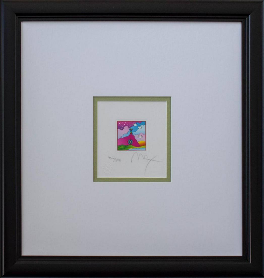 Peter Max- Original Lithograph "Sage on Mountain": Artist: Peter Max. Medium: Original Lithograph. Title: Sage on Mountain. Size (Unframed): 6" x 5". Size (Framed): 17" x 16". Limited Edition: Numbered 456/500. Certificate of Authenticity: From Max St