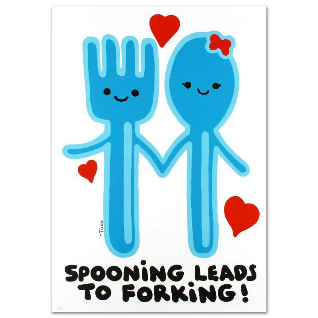 "Spooning Leads to Forking" Limited Edition Lithograph: Pop artist Todd Goldman is known all across the globe for his whip-smart and wickedly funny puns and pictures! "Spooning Leads to Forking" is a limited edition lithograph on paper, numbered and hand s