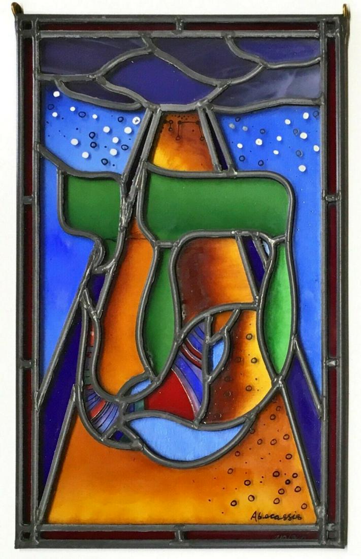 RAPHAEL ABECASSIS "CHAI - TO LIFE" ORIGINAL STAINED: ARTIST: RAPHAEL ABECASSIS. TITLE: CHAI - TO LIFE. MEDIUM: ORIGINAL STAINED GLASS WINDOW. SIZE: 9" X 15" INCHES (FRAMED). SIGNED: HAND SIGNED. CERTIFICATE OF AUTHENTICITY INCLUDED. CUSTOM FRAMED!! CAN 