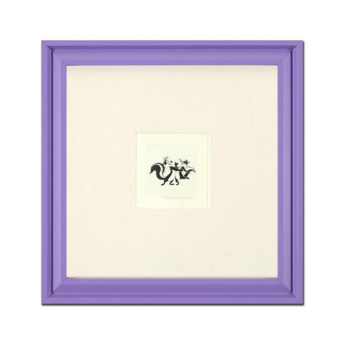 "Pepe Le Pew Dancing" Framed Limited Edition Etching: "Pepe Le Pew Dancing" is a limited edition etching on paper with hand-tinted coloring from Warner Bros, numbered and dated 1999. This piece comes framed. Measures approx. 9" x 9" (with frame), 2" x 2.