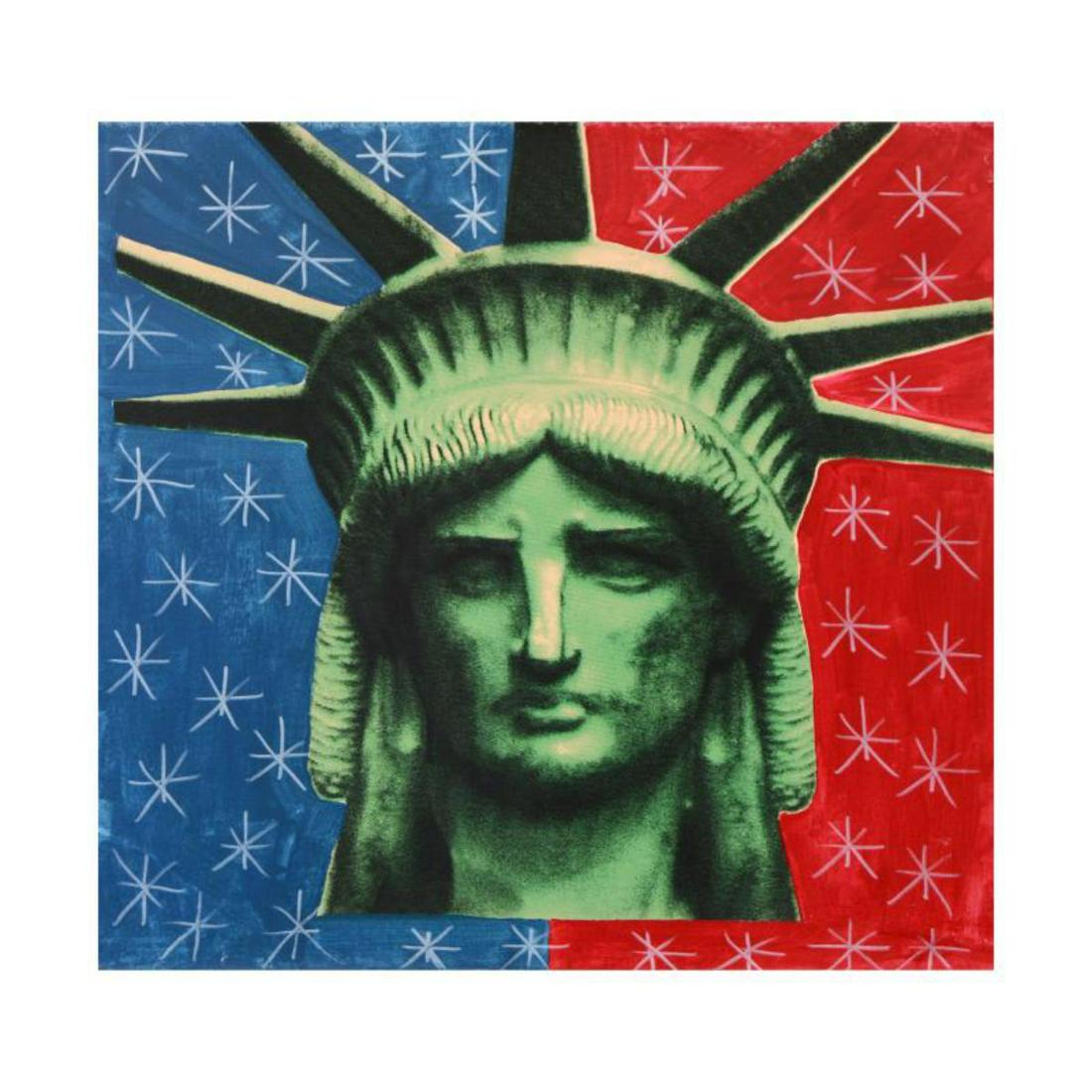 Steve Kaufman (1960-2010), "Lady Liberty" Hand: "Lady Liberty" is a hand embellished limited edition silkscreen on canvas by Andy Warhol protege Steve Kaufman (1960-2010). This piece is numbered 18/50 and hand signed inverso. Includes Certificate o