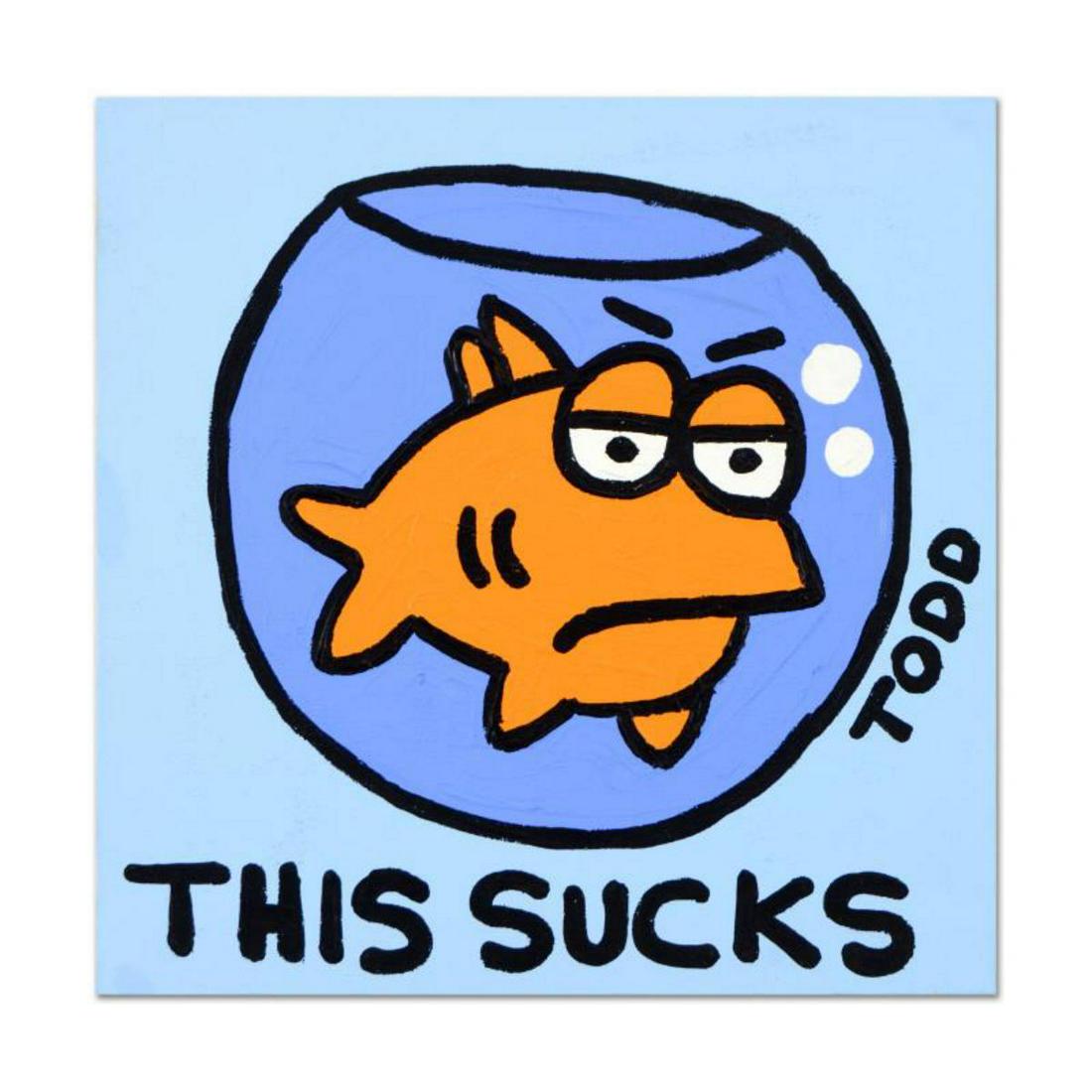 Todd Goldman, "This Sucks" Original Acrylic Painting on: "This Sucks" is an original acrylic painting on canvas by Todd Goldman, hand signed by the artist. This piece comes gallery wrapped. Includes Certificate of Authenticity. Measures approx. 18" x 18" (i