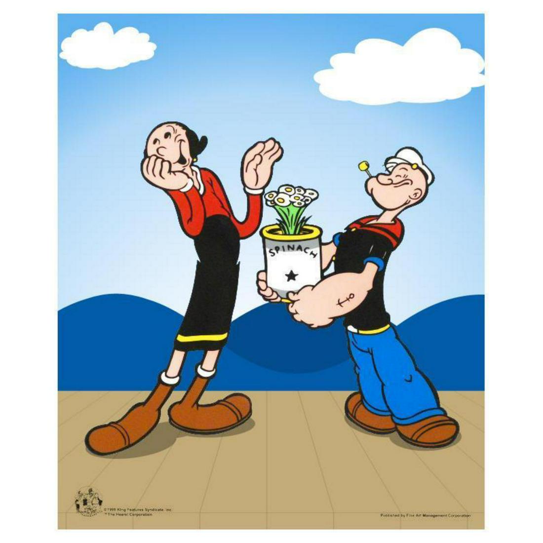 "Popeye Spinach" Limited Edition Popeye Sericel with: Perfect for the casual fan and the avid collector, this image of Popeye offering Olive Oyl a bouquet of flowers in a spinach can captures the essence of these characters! "Popeye Spinach" is a deluxe 