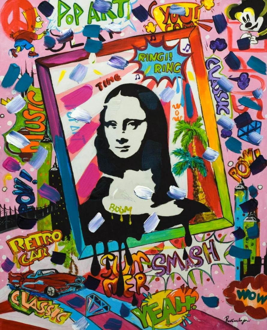 Nastya Rovenskaya- Mixed Media "Mona Lisa": Artist: Nastya Rovenskaya. Medium: Mixed Media. Title: Mona Lisa. Size (Unframed): 30" x 24". Certificate of Authenticity: From the publisher. Additional: Original one of a kind. Unframed. Reference# 