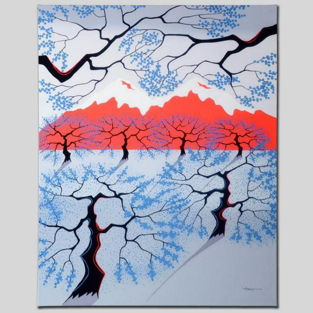"Red Mountains" Limited Edition Giclee on Canvas by: Larissa Holt, a student of distinguished artist Eyvind Earle(1916-2000), uses bold colors and breathtaking scenery to create images of Nature in her own unique style. "Red Mountains" is a limited edit