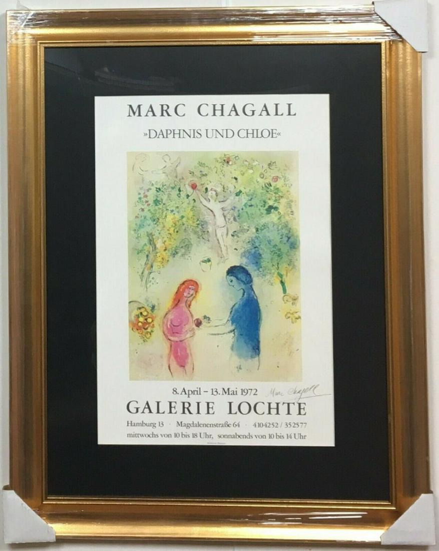 MARC CHAGALL "DAPHNIS UND CHLOE" ORIGINAL EXHIBITION: ARTIST: MARC CHAGALL. TITLE: DAPHNIS UND CHLOE (GALERIE LOCHTE). MEDIUM: ORIGINAL EXHIBITION LITHOGRAPH ON PAPER. SIZE: 30" X 38" INCHES (FRAMED). SIGNED: HAND SIGNED IN PENCIL. CUSTOM FRAMED!!!!