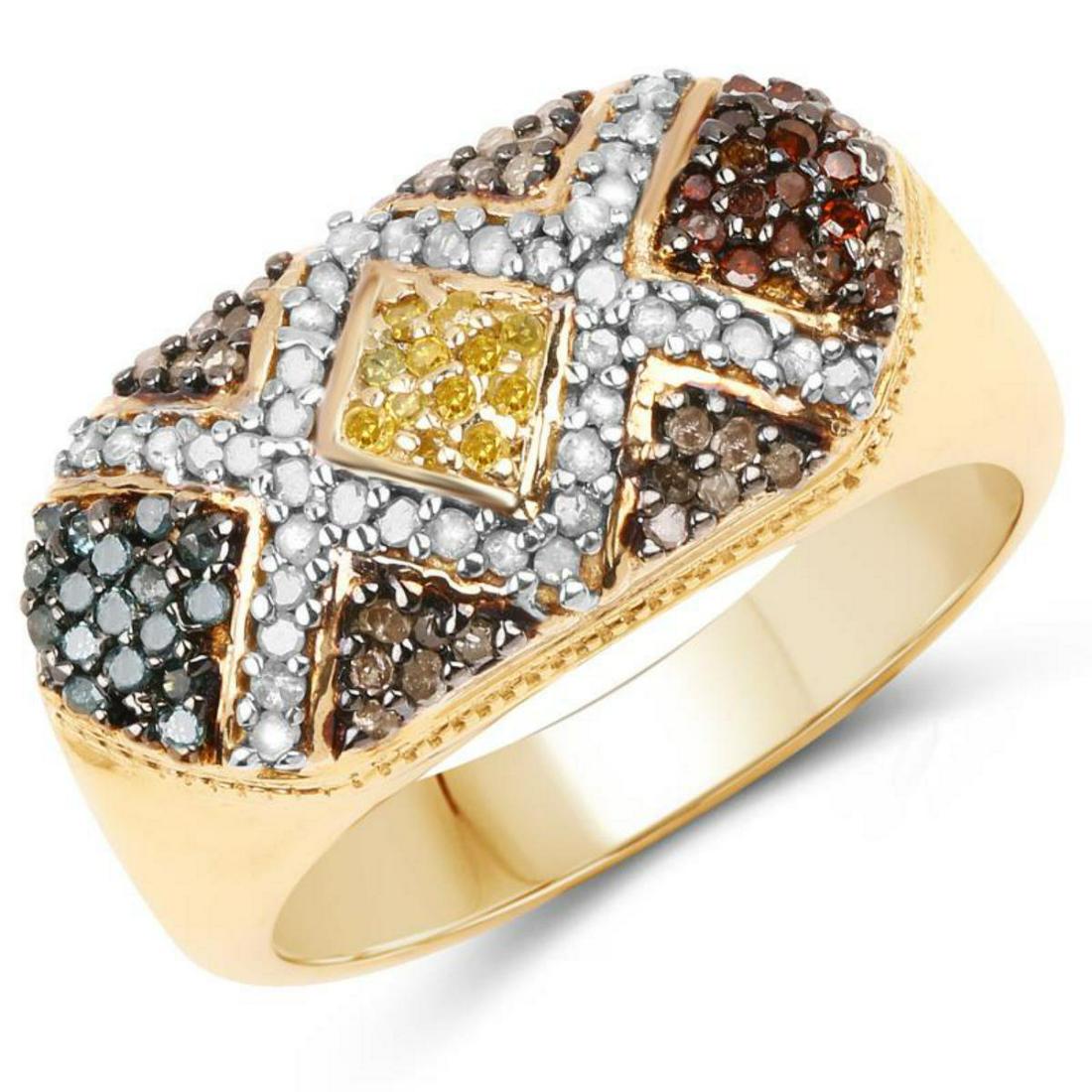 14K Yellow Gold Plated 0.61 Carat Genuine Multi Diamond: This is a 14K Yellow Gold Plated 0.61 Carat Genuine Multi Diamond .925 Sterling Silver Ring (size 9) measuring 0.41 Inches in length with a total gross weight of 7.7 (gm) | Gemstone Info: Diamond Blue