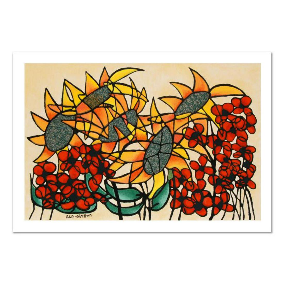 Avi Ben-Simhon, "Sunflowers" Limited Edition Serigraph,: "Sunflowers" is a limited edition serigraph on paper, numbered and hand signed by Avi Ben-Simhon. Includes Certificate of Authenticity! Measures approx. 29.5" x 20.5" (with border), 27" x 18" (image).