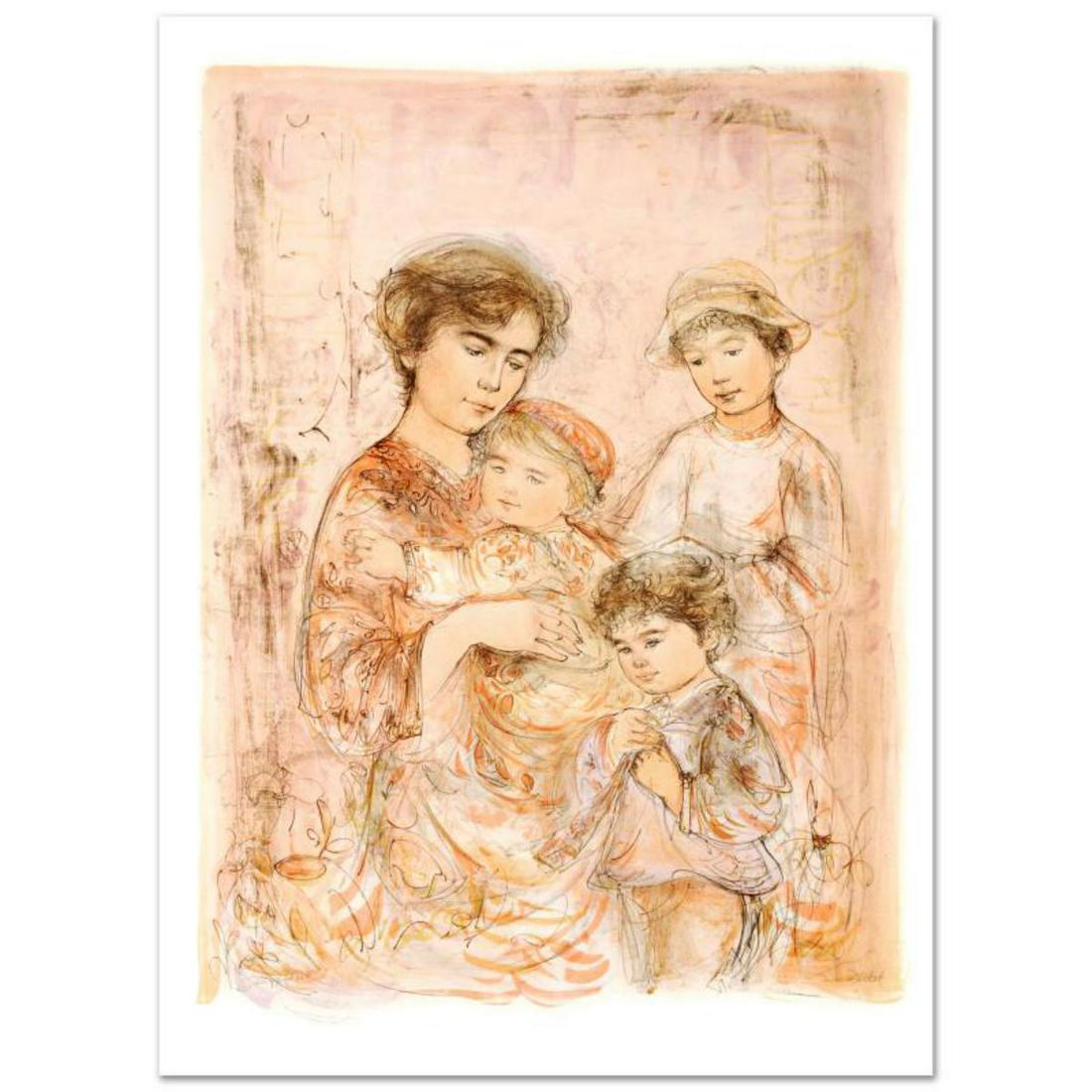 "Lotte and Her Children" Limited Edition Lithograph: "Lotte and Her Children" is a limited edition lithograph on paper, numbered and hand signed by Edna Hibel (1917-2014). Includes Certificate of Authenticity! Measures approx. 30" x 42" (with border), 2