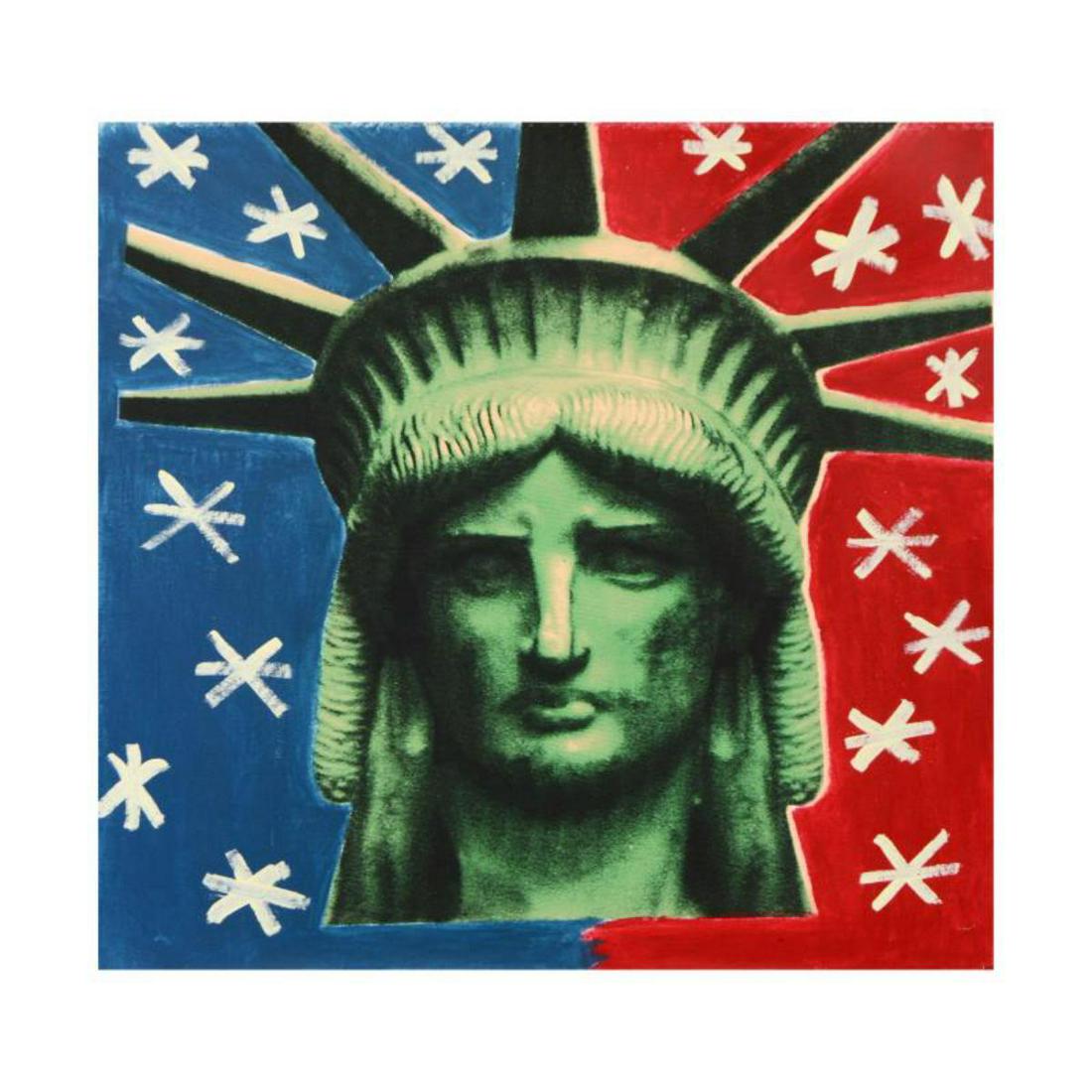 Steve Kaufman (1960-2010), "Lady Liberty" Hand: "Lady Liberty" is a hand embellished limited edition silkscreen on canvas by Andy Warhol protege Steve Kaufman (1960-2010). This piece is numbered 40/50 and hand signed inverso. Includes Certificate o