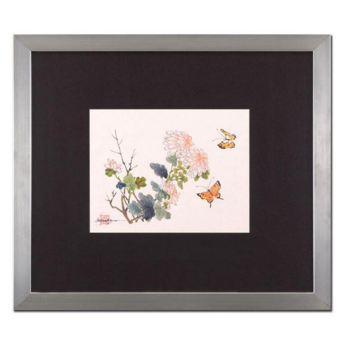 Caroline Young, "Orange Butterflies" Framed Original: "Orange Butterflies" is an original gouache painting on mother of pearl paper by Caroline Young, hand signed by the artist. This piece comes framed.Includes Certificate of Authenticity. Measures appro
