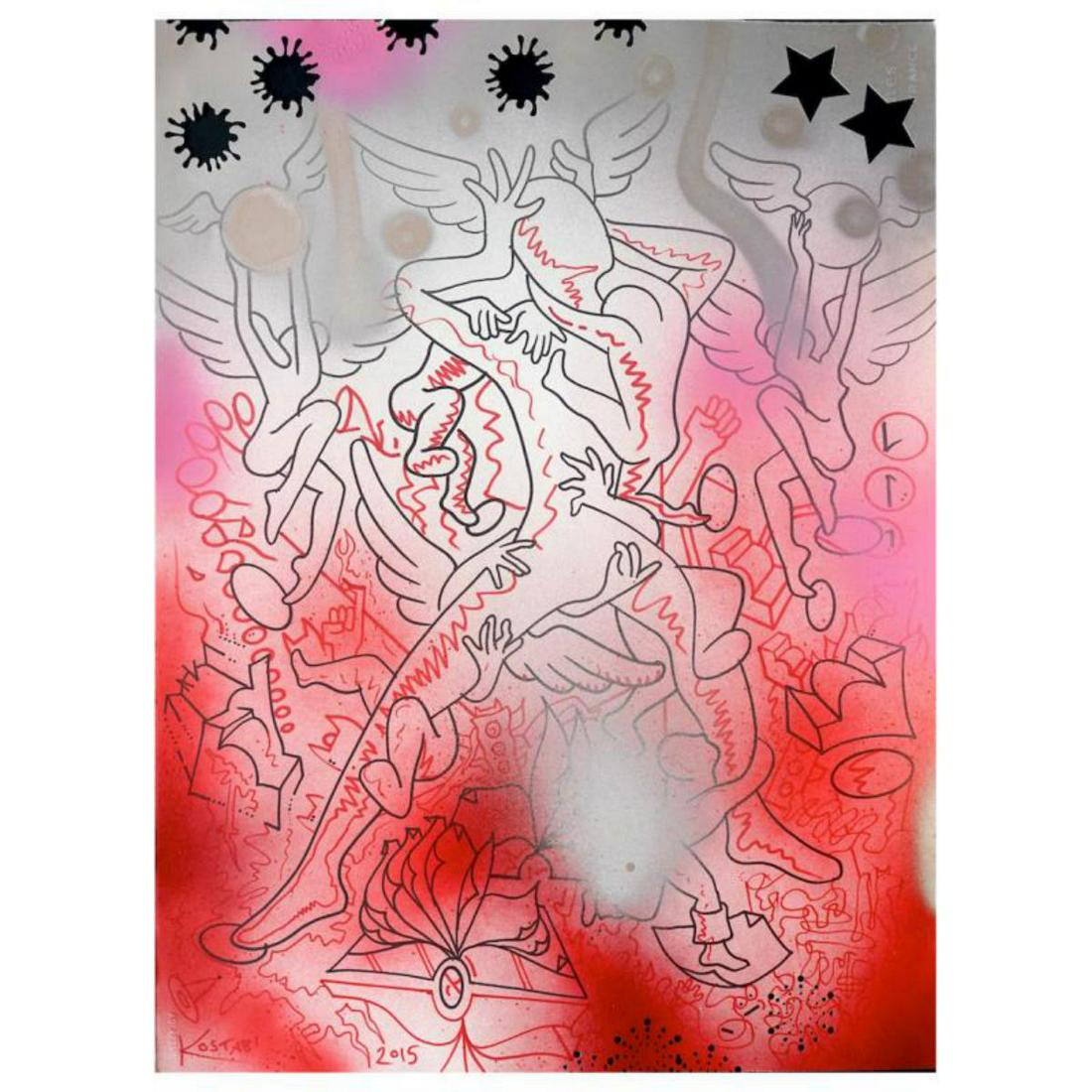 Mark Kostabi "Holding On" Hand Signed Original Artwork: "Holding On" is a mixed media original painting on paper, by Mark Kostabi. The piece is hand signed and comes with a certificate of authenticity. Measures approximately 30" x 22.5". Reference #: 23625