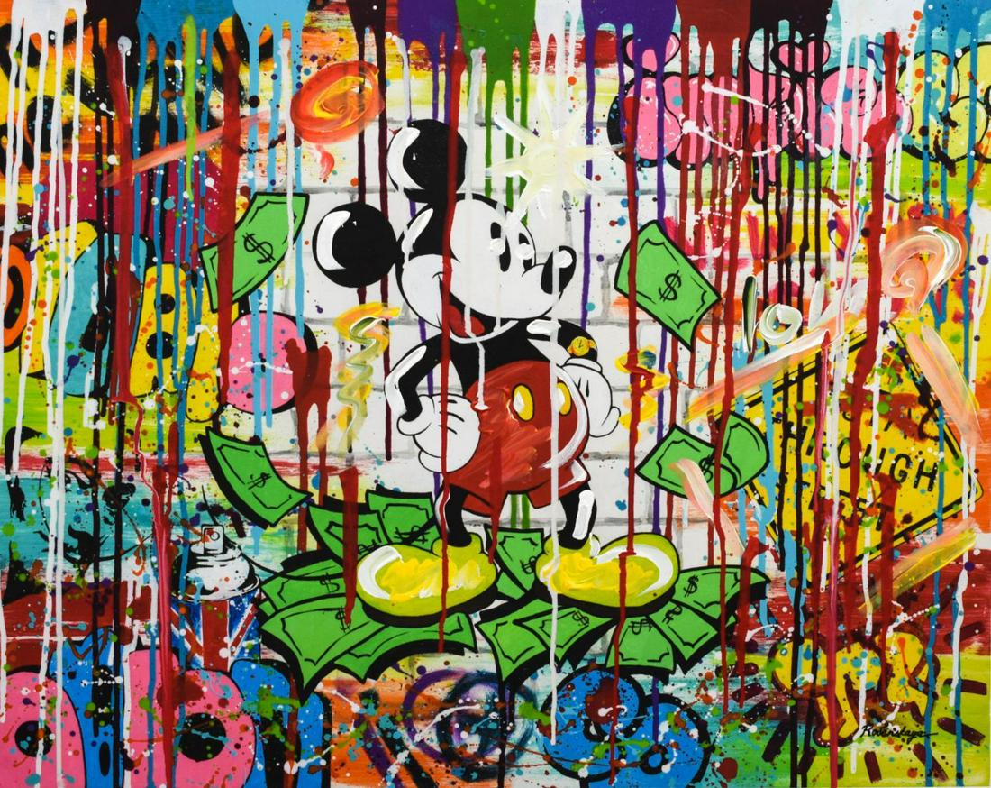 Nastya Rovenskaya- Mixed Media "Mr. Dollar Bill": Artist: Nastya Rovenskaya. Medium: Mixed Media. Title: Mr. Dollar Bill. Size (Unframed): 24" x 30". Certificate of Authenticity: From the publisher. Additional: Original one of a kind. Unframed. Refer