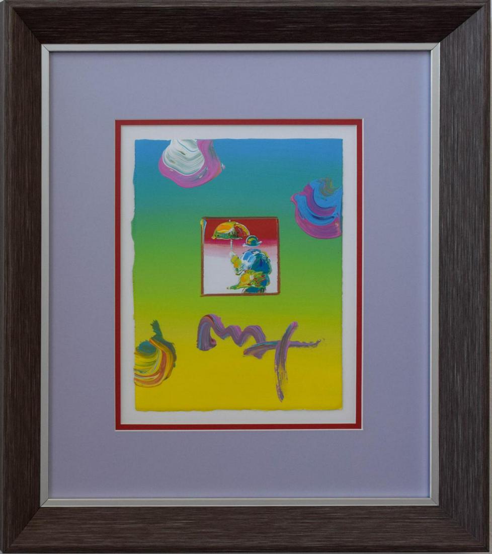 Peter Max- Original Mixed Media "Umbrella Man 2005 Ver.: Artist: Peter Max. Medium: Original Mixed Media. Title: Umbrella Man 2005 Ver. I #60. Size (Unframed): 11" x 8.5". Size (Framed): 22" x 19.5". Certificate of Authenticity: From Max Studios. Catalogue#