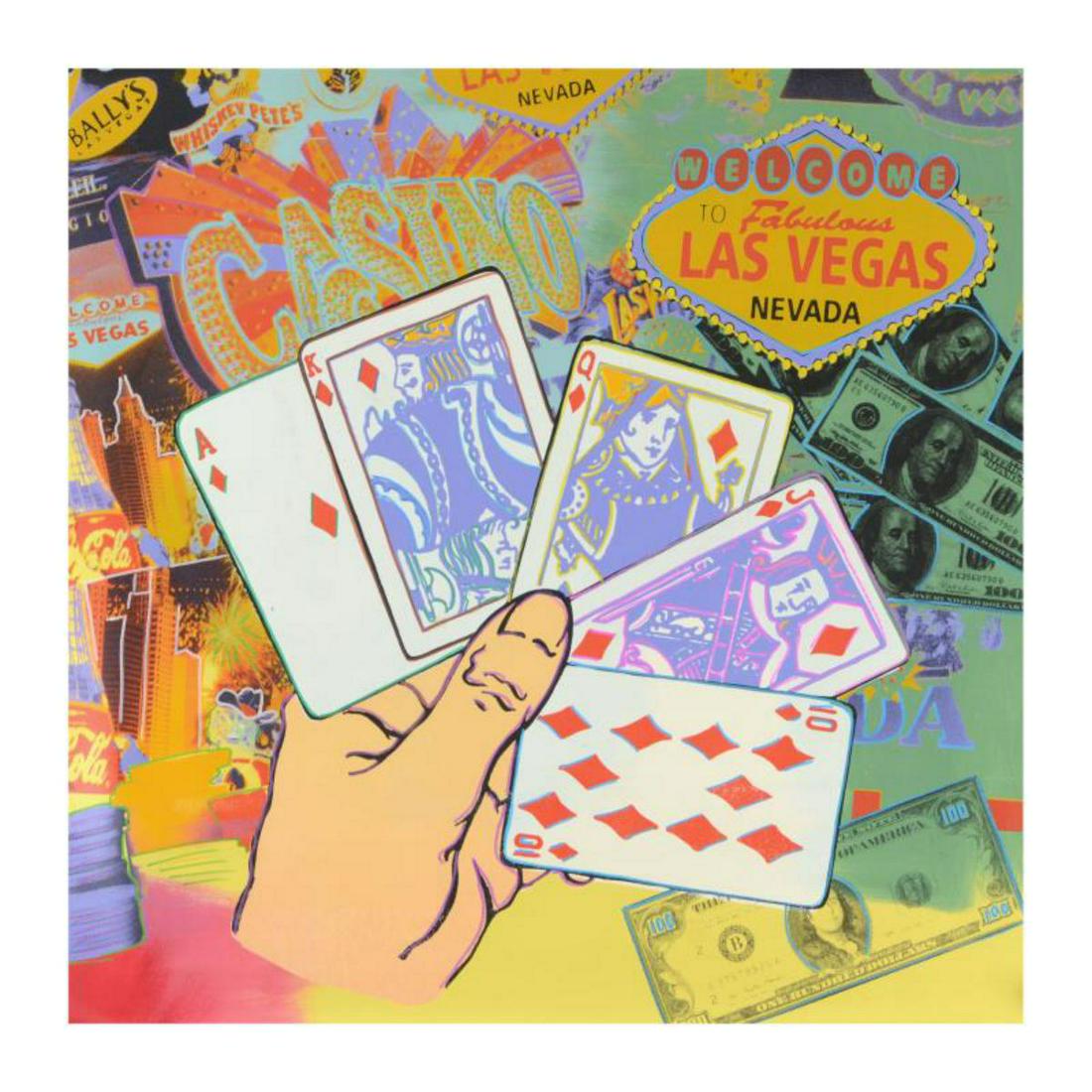 Steve Kaufman (1960-2010), "Royal Flush" Hand Painted: "Royal Flush" is a hand painted one-of-a-kind mixed media on canvas by Andy Warhol protege Steve Kaufman (1960-2010). This piece is hand signed inverso. Includes Certificate of Authenticity. Measures 