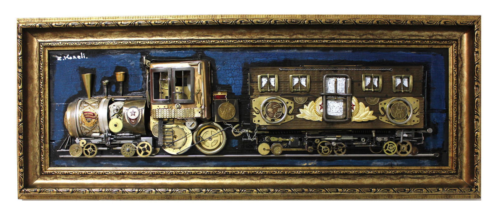 Zaza Koreli- Original Collage on Wood Panel "Vintage: Artist: Zaza Koreli. Medium: Original Collage on Wood Panel. Title: Vintage Train. Size (Unframed): 9" x 30". Size (Framed): 12" x 34". Certificate of Authenticity: From the publisher. Reference# 1010