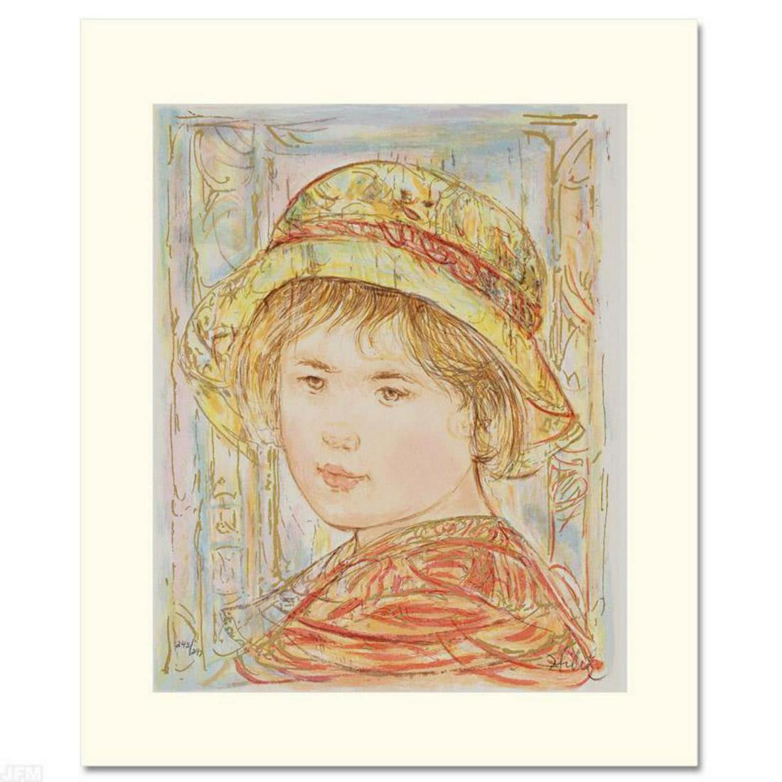 "Lemual" Limited Edition Serigraph by Edna Hibel: Wild lines and muted colors make Edna Hibel's art stand out in any room. "Lemual" is a limited edition serigraph on paper, numbered and hand signed by Hibel (1917-2014). Includes Certificate of Authen