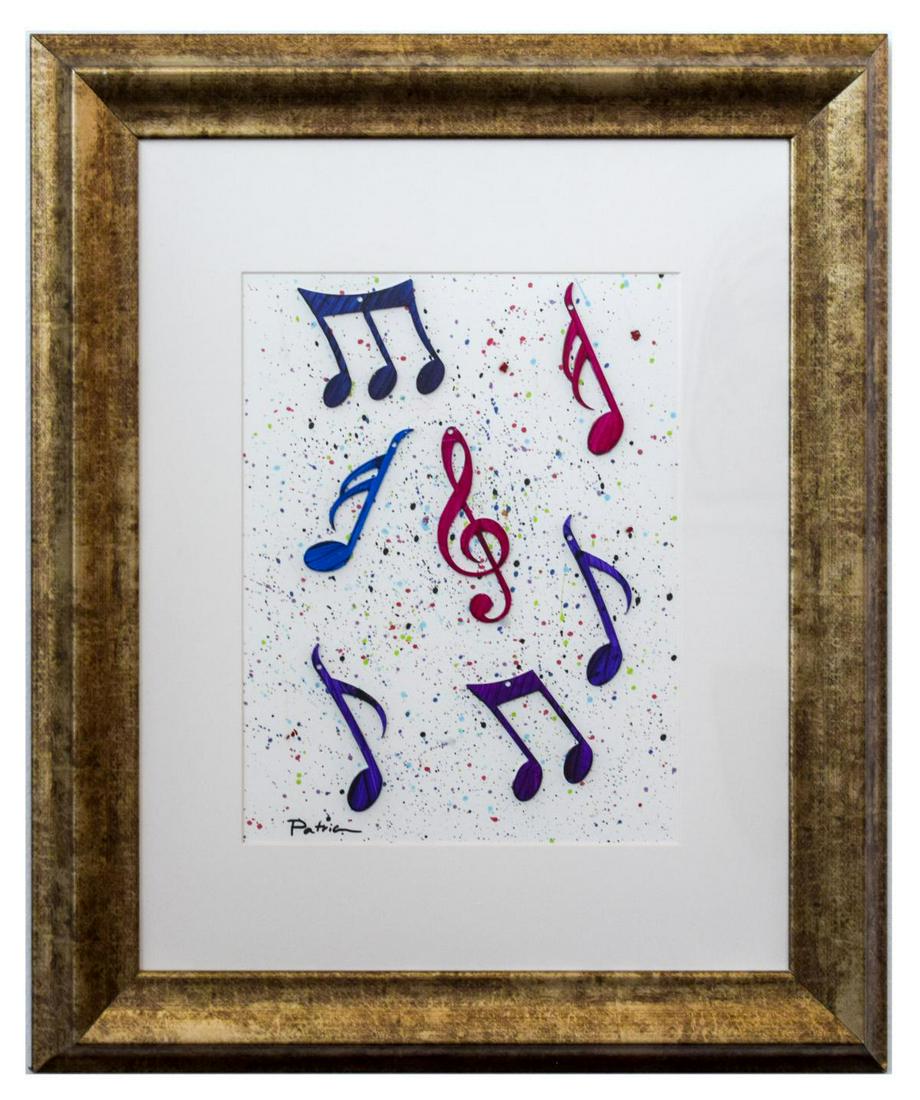Patricia Govezensky- Original Collage Painting "Music: Artist: Patricia Govezensky. Medium: Original Collage Painting. Title: Music Notes I. Size (Unframed): 14" x 11". Size (Framed): 24.5" x 20.5". Certificate of Authenticity: From the publisher. Referen