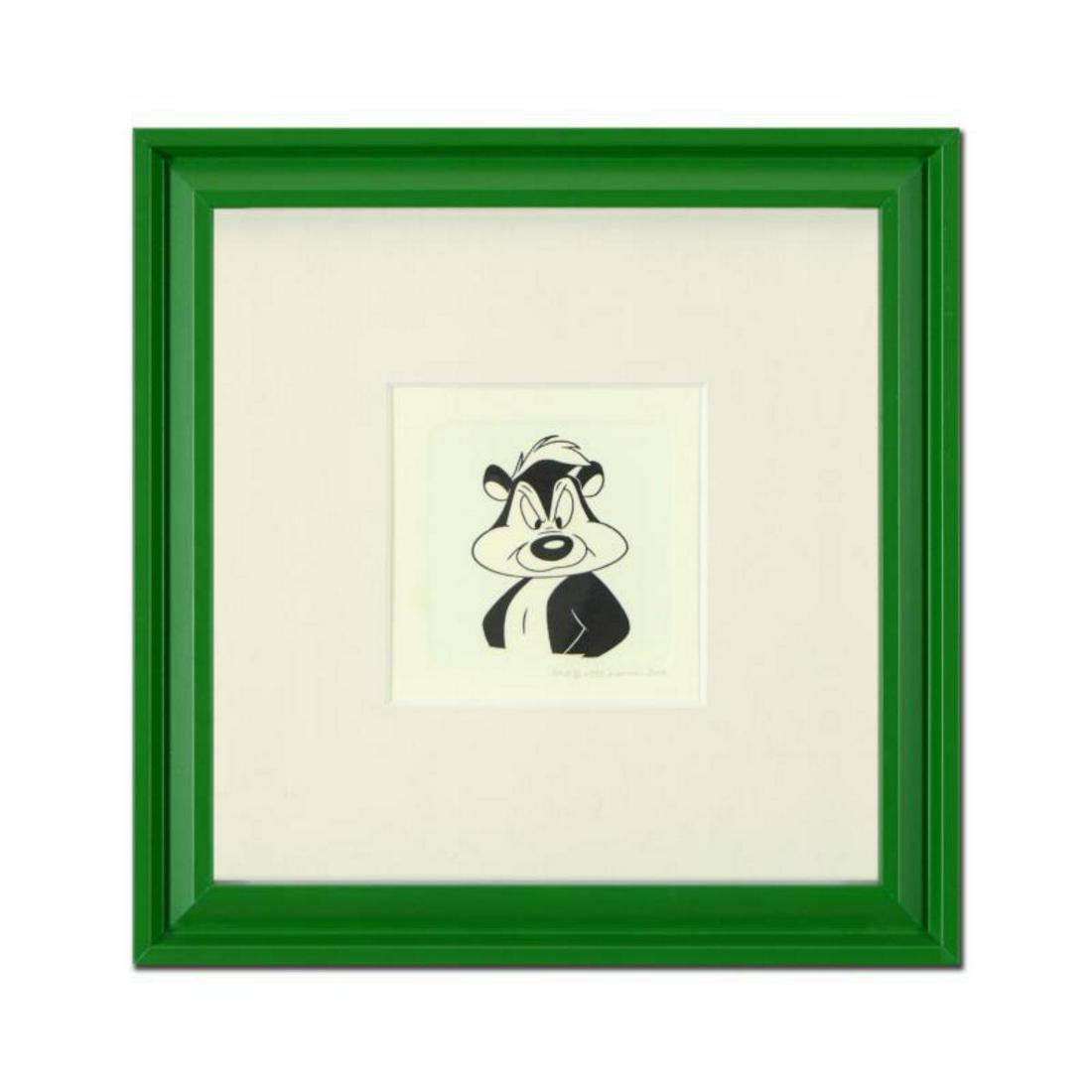 "Pepe Le Pew" Framed Limited Edition Etching with: "Pepe Le Pew" is a limited edition etching on paper with hand-tinted coloring from Warner Bros, numbered and dated 1999. This piece comes framed. Measures approx. 9" x 9" (with frame), 2" x 2.5" (imag