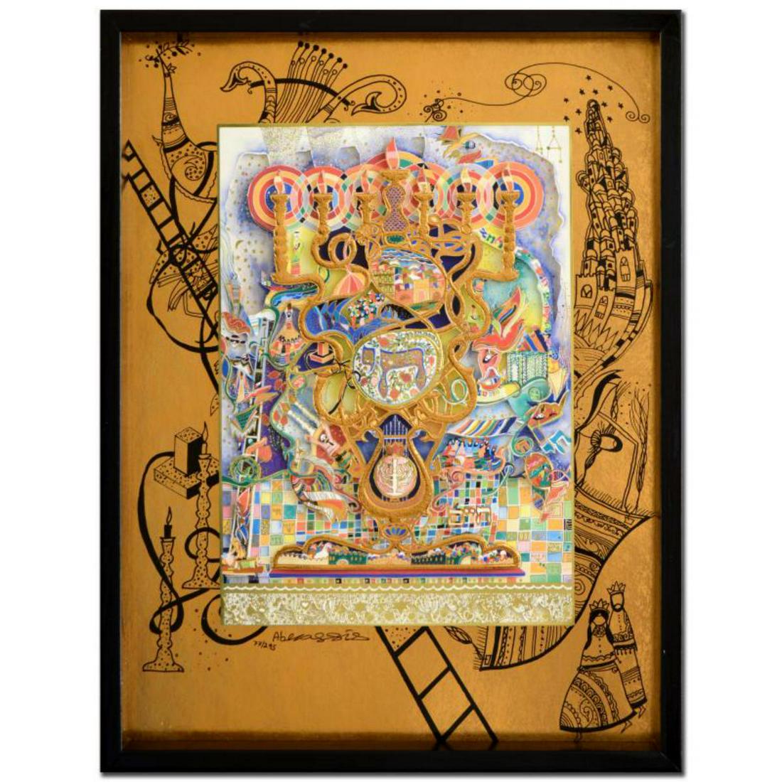 Raphael Abecassis "Menorah" Limited Edition 3-Layer: "Menorah" is a limited edition 3-layer decoupage by Raphael Abecassis, numbered and hand signed by the artist. This decoupage is nested in a display box, and can be framed with or without this box. In