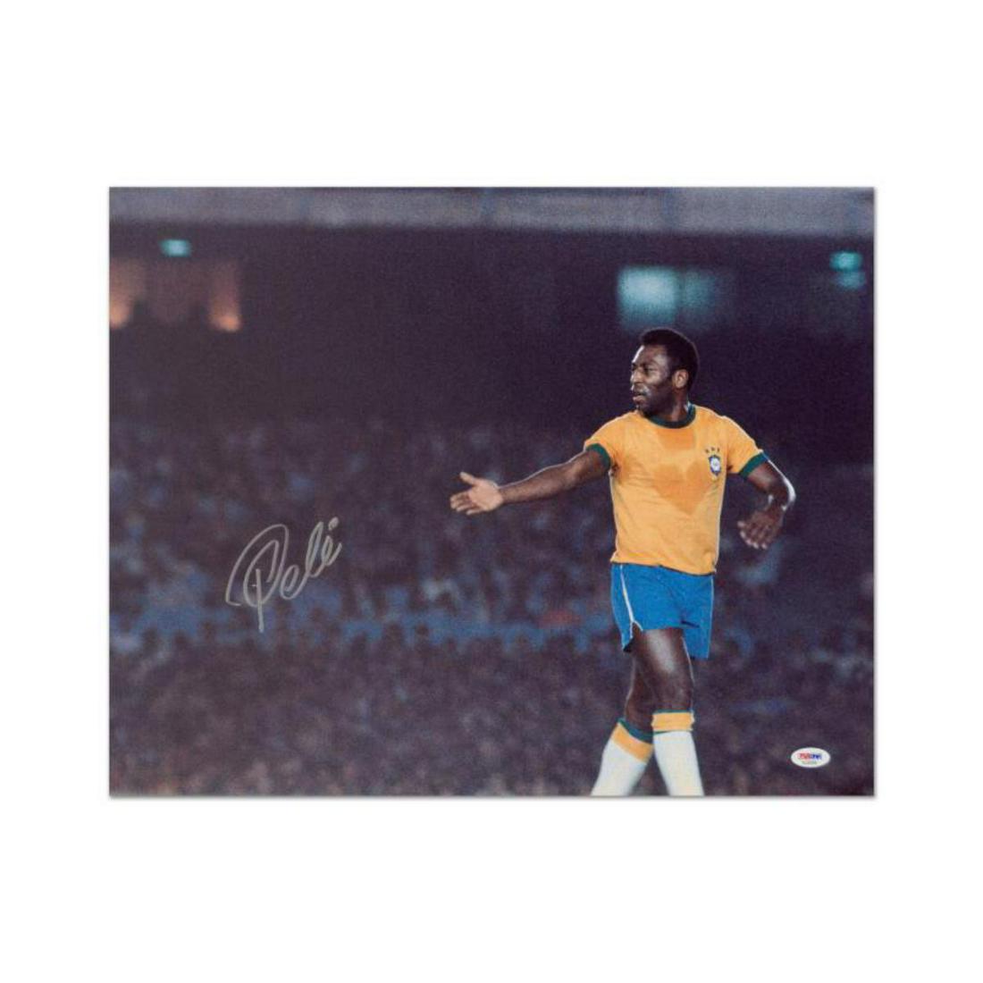 "Pele" Print, Autographed by Legendary Brazilian: "Pele" is a print on paper that is autographed by legendary Brazilian footballer, Pele. This piece is presented with a Certificate of Authenticity from PSA/DNA, which authenticates sports memorabilia 