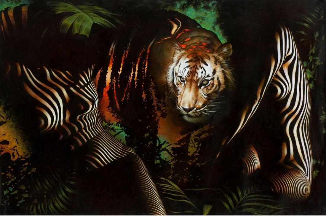 Vera V. Goncharenko- Original Giclee on Canvas "The: Artist: Vera V. Goncharenko. Medium: Original Giclee on Canvas. Title: The Ladies with the Tiger. Size (Unframed): 24" x 36". Limited Edition: Edition of 195. Certificate of Authenticity: From the pub