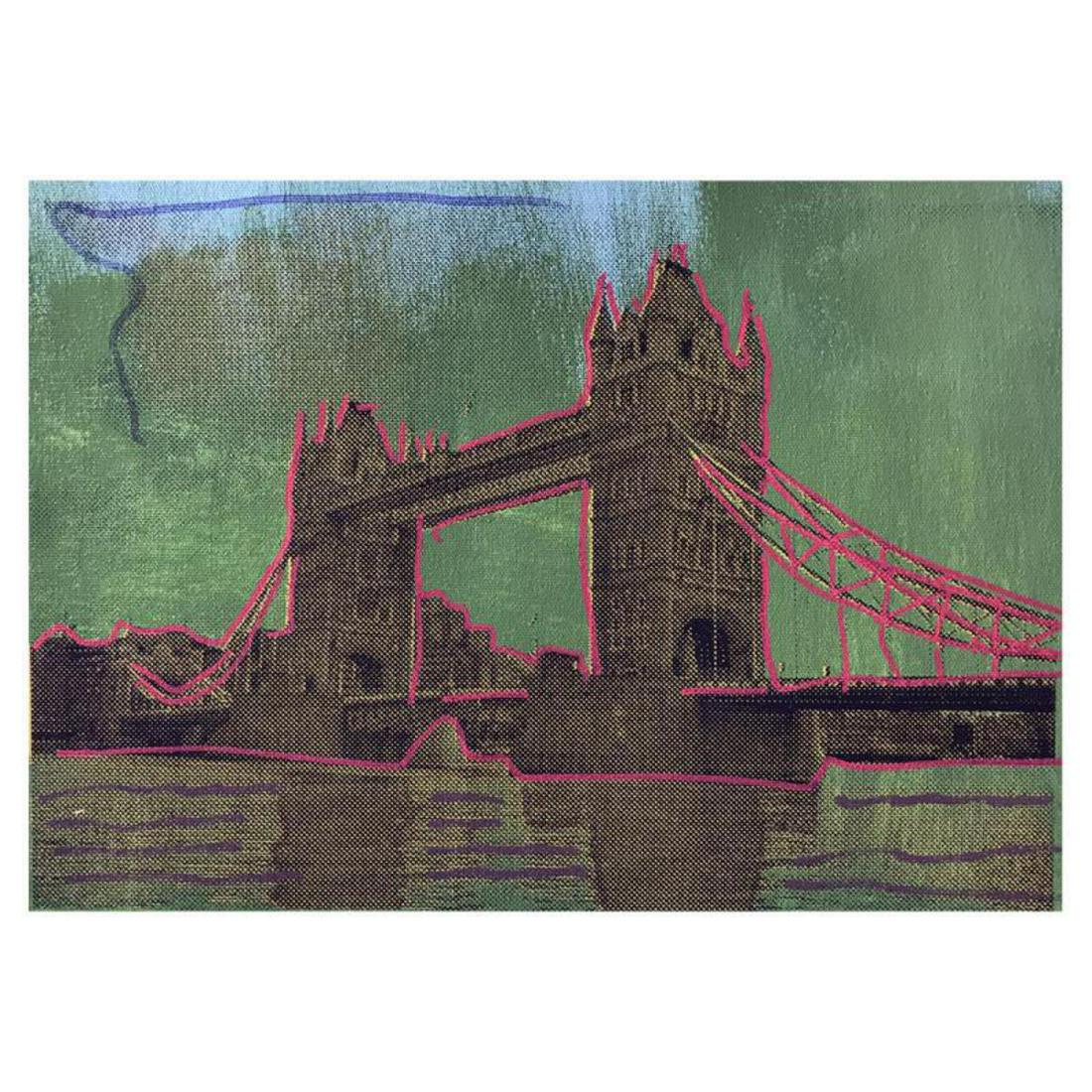 Steve Kaufman (1960-2010) "London Bridge" One of a kind: "London Bridge" is a one of a kind, hand painted, silkscreen on canvas by Andy Warhol protege Steve Kaufman (1960-2010). The piece is numbered and hand signed by the artist and accompanied by a Certif