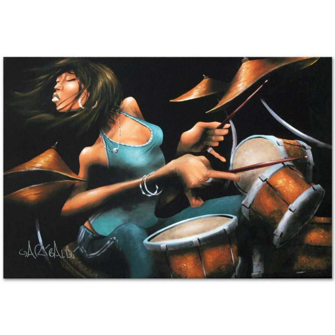 "Lola Beats" Limited Edition Giclee on Canvas by David: Combining his passions for music and art, David Garibaldi creates stunning visual poetry. "Lola Beats" is a limited edition giclee on stretched canvas, CC numbered from the miniature series and bearin