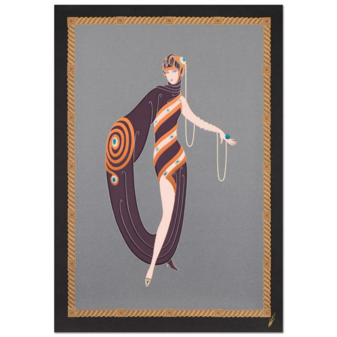 Erte (1892-1990), "Pearls and Emeralds" Limited Edition: "Pearls and Emeralds" is a limited edition serigraph on paper by Erte (1892-1990), numbered and estate signed. Includes Certificate of Authenticity. Measures approx. 29.5" x 42.5" (border), 27" x 29"