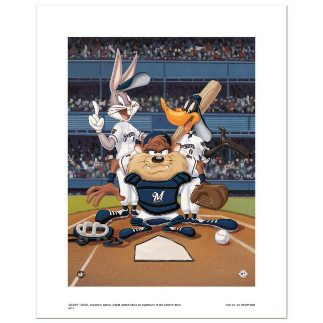 "At the Plate (Brewers)" Numbered Limited Edition: "At the Plate (Brewers)" is a limited edition giclee on paper from Warner Bros. featuring iconic Looney Tunes characters in Milwaukee Brewers MLB uniforms. It comes numbered, with hologram seal, and a