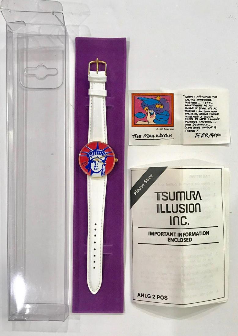 Vintage Peter Max "Liberty Head" Watch with Original: This is a vintage Peter Max "Liberty Head" wrist watch created for the Japanese market in 1991. This watch comes in the original packaging and with paperwork. Measures approx. 1.5" x 1.5" (watch face)