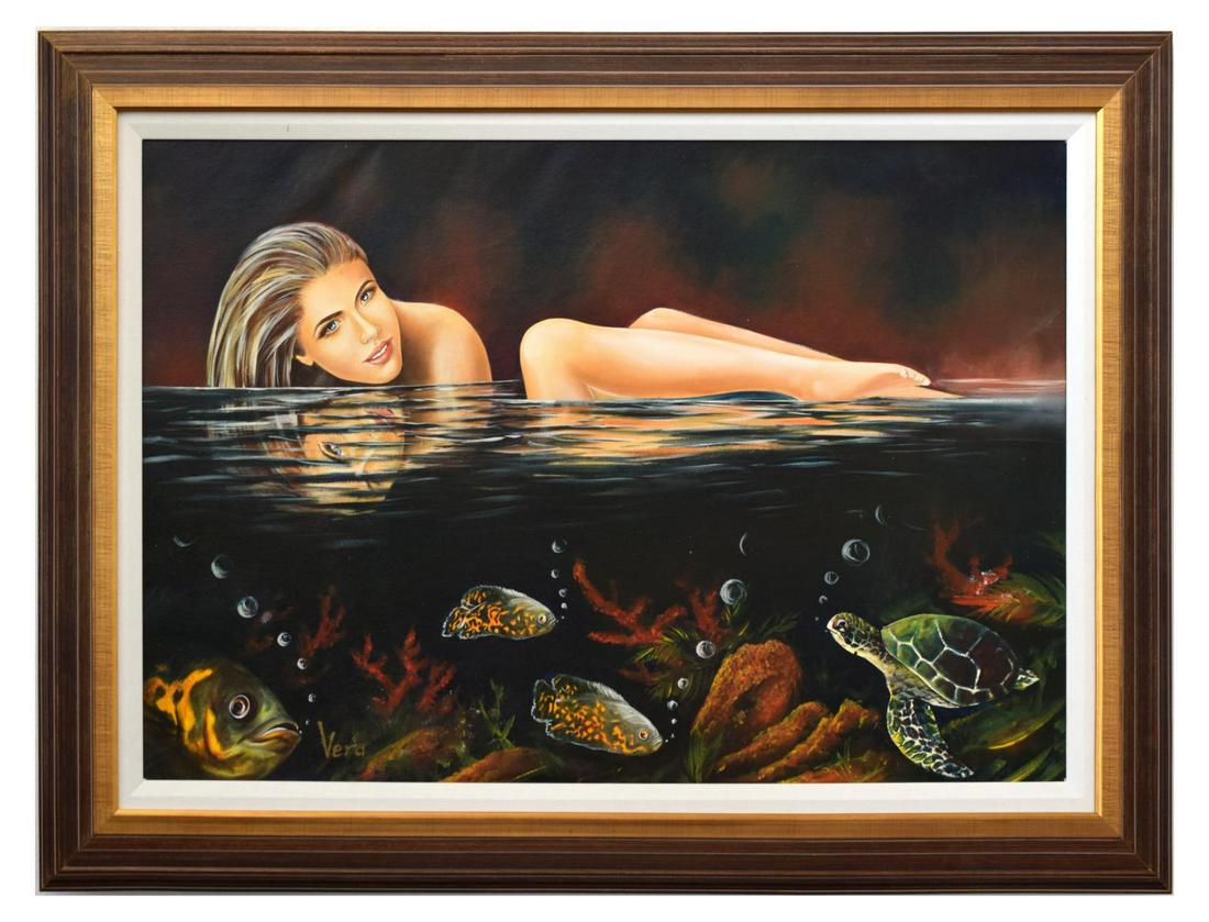 Vera V. Goncharenko- Original Oil on Canvas "Swim in: Artist: Vera V. Goncharenko. Medium: Original Oil on Canvas. Title: Swim in the Ocean. Size (Unframed): 24" x 36". Size (Framed): 31.5" x 43.5". Certificate of Authenticity: From the publisher. Refere