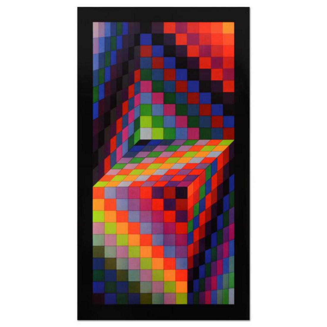 Victor Vasarely (1908-1997), "Axo-77" Heliogravure: "Axo-77" is a heliogravure print on paper from the Editions du Griffon (1969) by Victor Vasarely (1908-1997). This piece is titled inverso. Measures approx. 17.5" x 31.5" (image). Reference #: 235992.